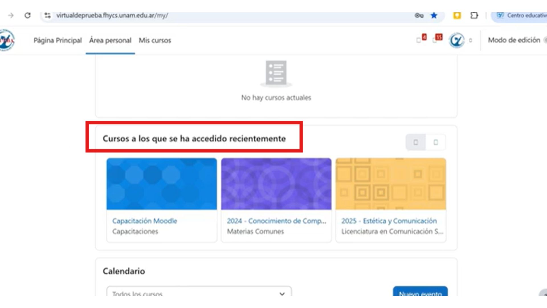 Vista general de un curso en las aulas Virtuales Moodle – FHYCS Virtual