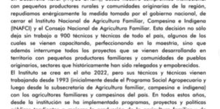Comunicado sobre el cierre del Instituto Nacional de Agricultura Familiar, Campesina e Indígena